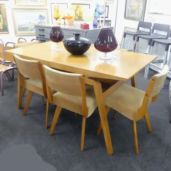 JON JANSEN NZ MID-CENTURY FLOATING TOP TABLE + 6 CHAIRS [TABLE LEG HAS BEEN BRACED] L1500xW800MM+/-