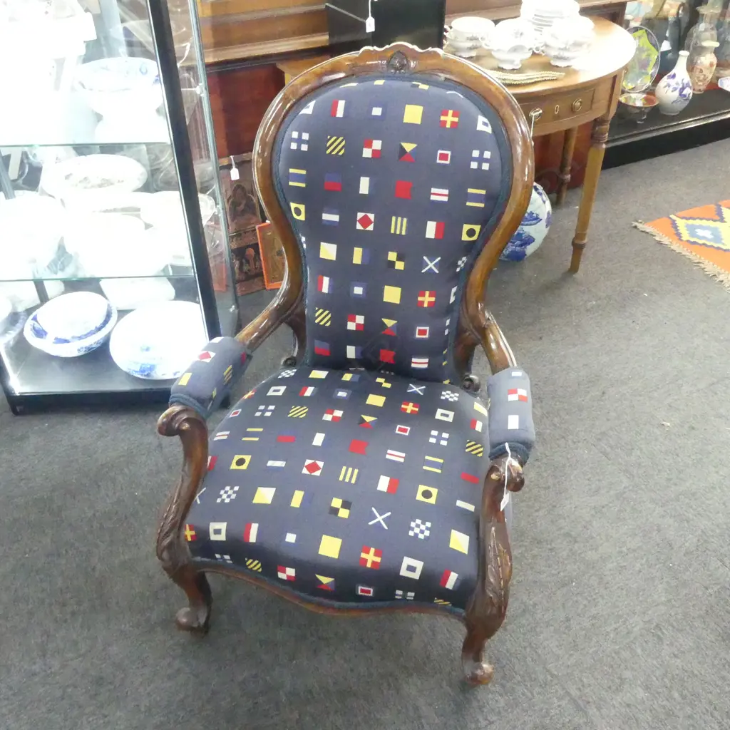 VICTORIAN GRANDFATHER CHAIR w. MODERN UPHOLSTERY Image 1++