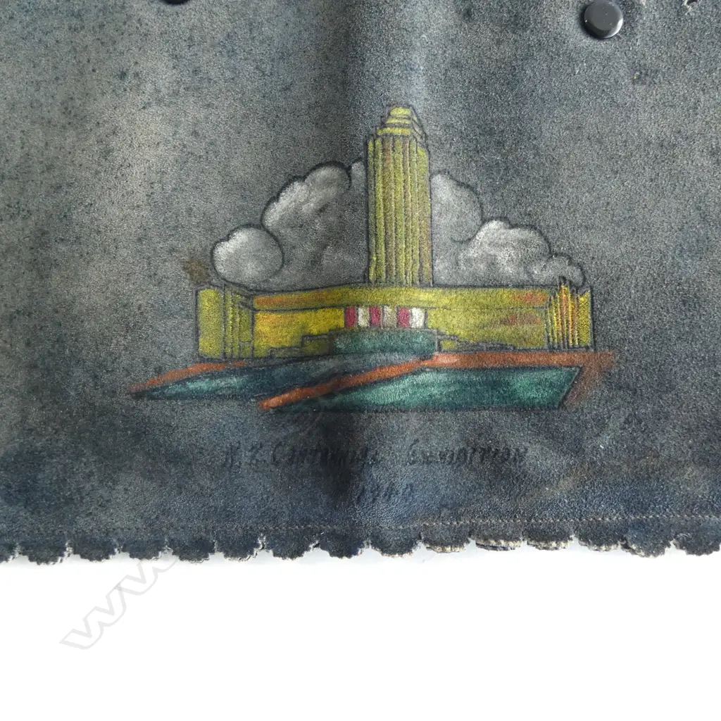 1889 DUNEDIN EXHIBITION SUEDE LGE BAG w painted & poker worked image of the Austral Otis Tower. 370 x 490mm Image 1++