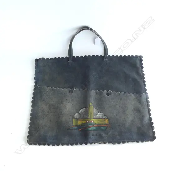 1889 DUNEDIN EXHIBITION SUEDE LGE BAG w painted & poker worked image of the Austral Otis Tower. 370 x 490mm