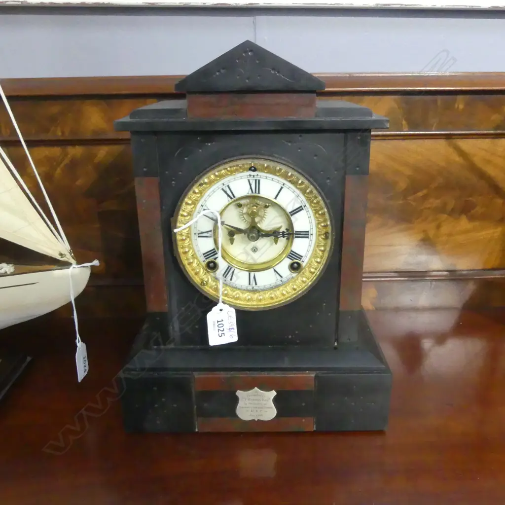 EARLY 20thC ANSONIA BLACK SLATE MANTLE CLOCK H.325mm Image 1++
