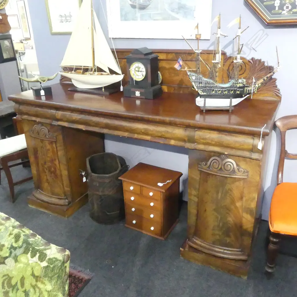 WILLIAM IV TWIN PEDESTAL SIDEBOARD; FLAME MAHOGANY some veneer losses 1830x580x1400mm Image 1++