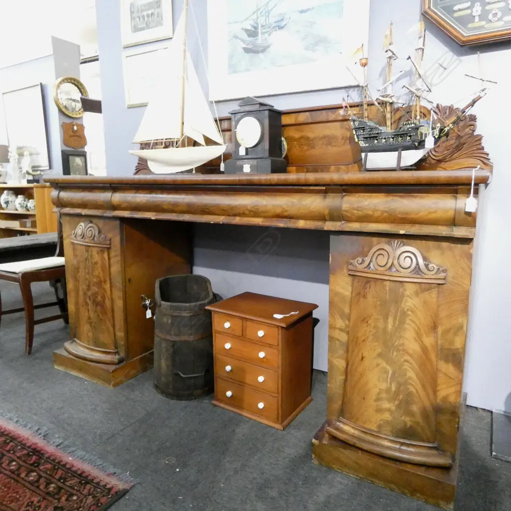 WILLIAM IV TWIN PEDESTAL SIDEBOARD; FLAME MAHOGANY some veneer losses 1830x580x1400mm Image 1++