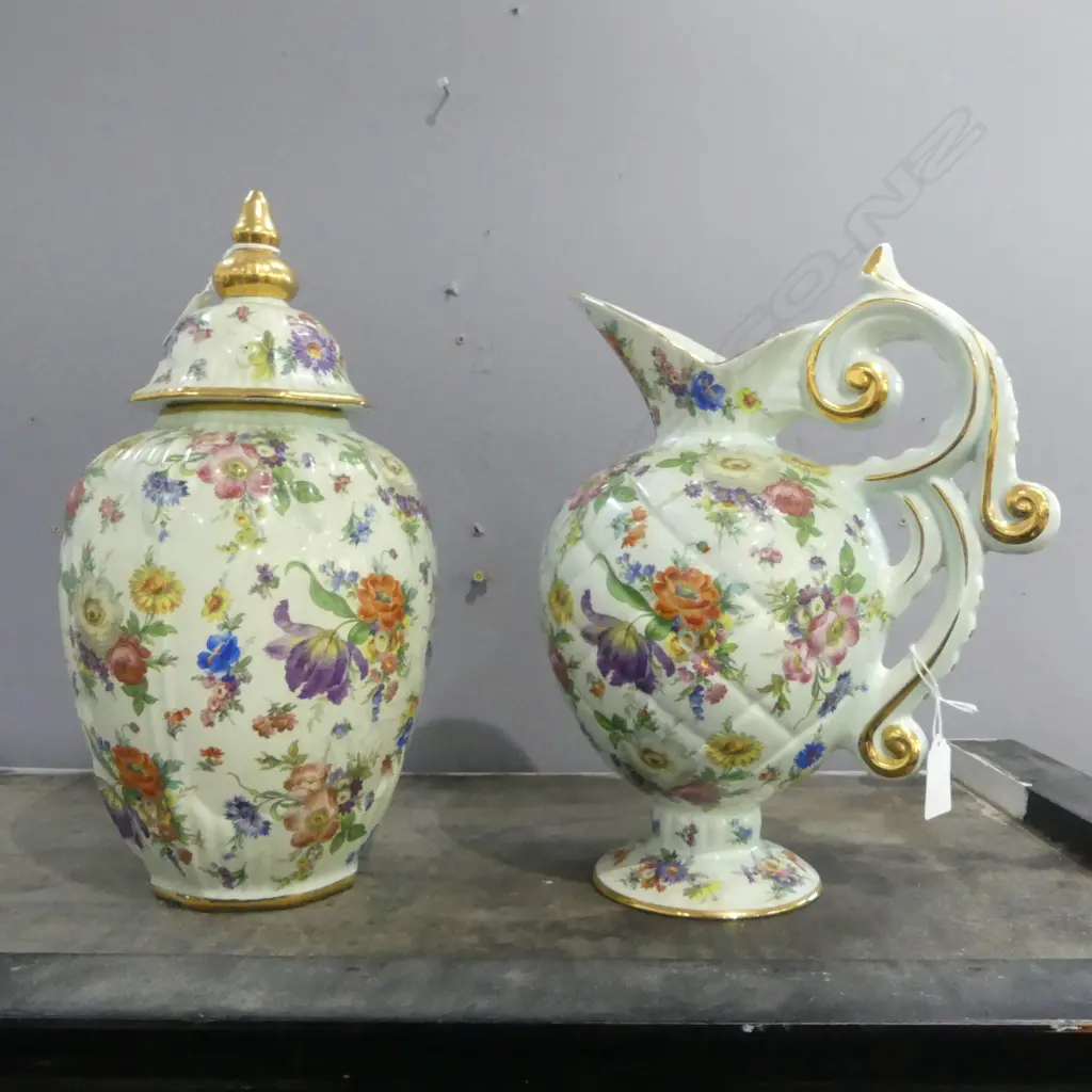 CONT CHINA FLORAL JUG H300MM & MATCHING LIDDED JAR H340MM Image 1++