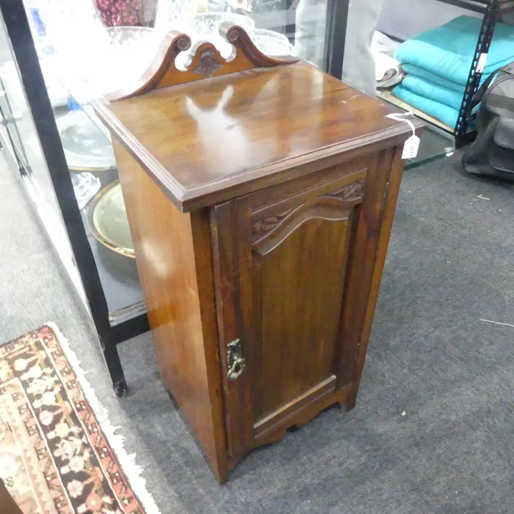 VICTORIAN WALNUT BEDSIDE CABINET single door. Carved restrained detail H.800mm Image 1++