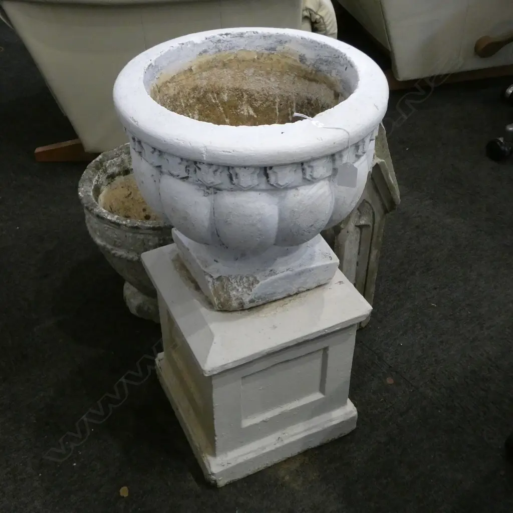WHITE PAINTED CONCRETE PLANTER URN ON PLINTH H.660mm Image 1++