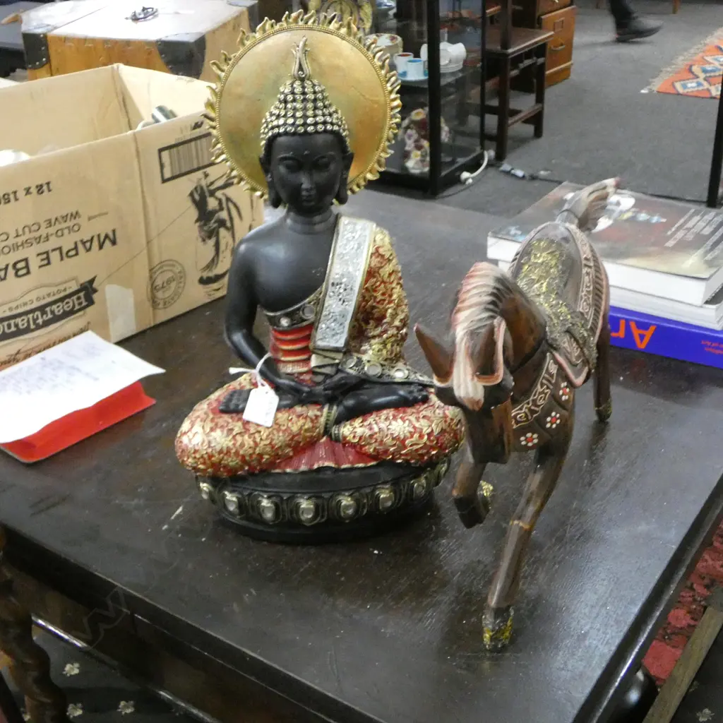 CARVED WOODEN HORSE + PLASTIC BUDDHA H.420mm Image 1++