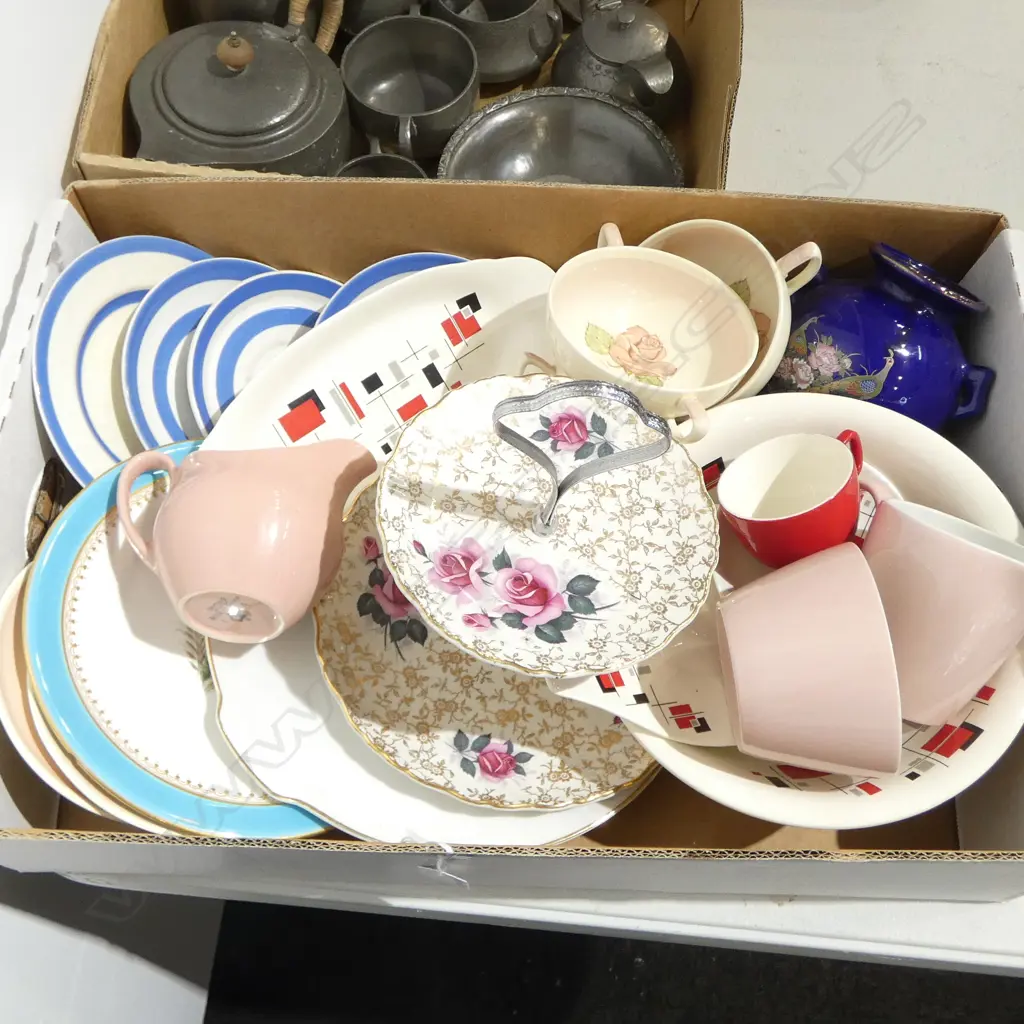 BOX ASSTD. CHINA – SUSIE COOPER, 2 TIER CAKE STAND, PAVLOVA PLATE ETC  Image 1++