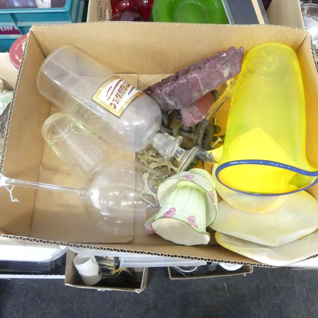 COLLECTABLES INCLDS. TALL VINTAGE GLASS PHARMACY BOTTLE & ART GLASS JUG signed Gloria Ruth Allen and Vivienne Bell Image 1++