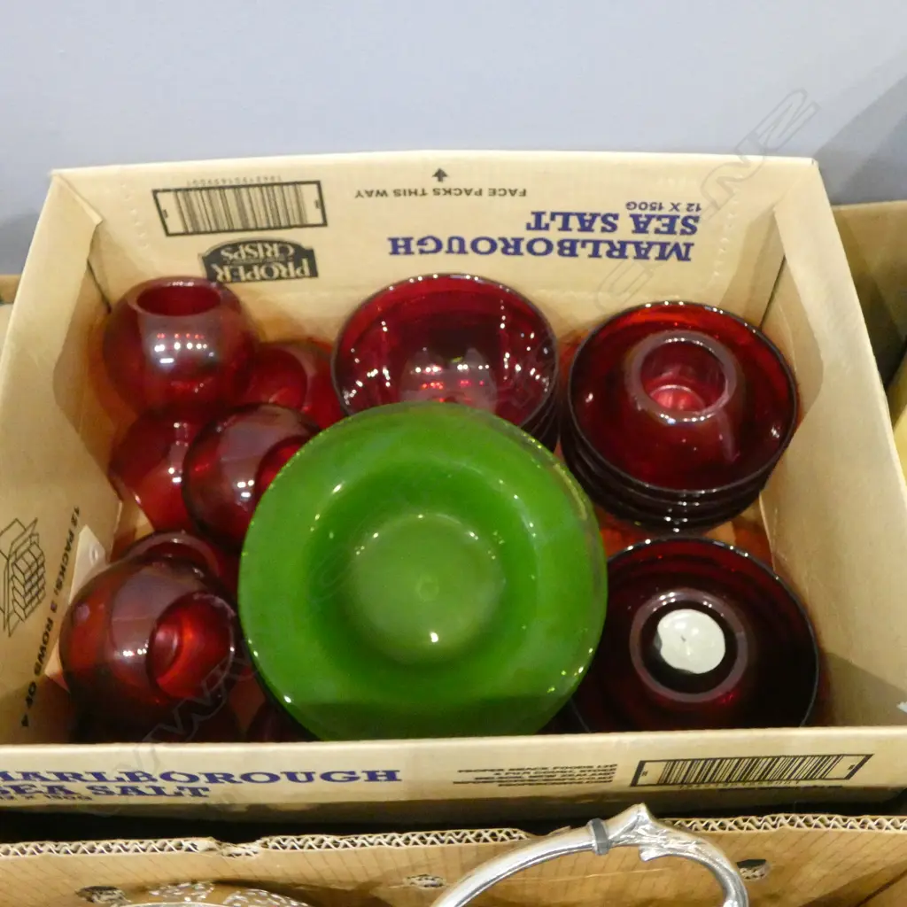 12 RUBY GLASS BOWLS, ASST CANDLE HOLES & 12 GREEN GLASS BOWLS Image 1++