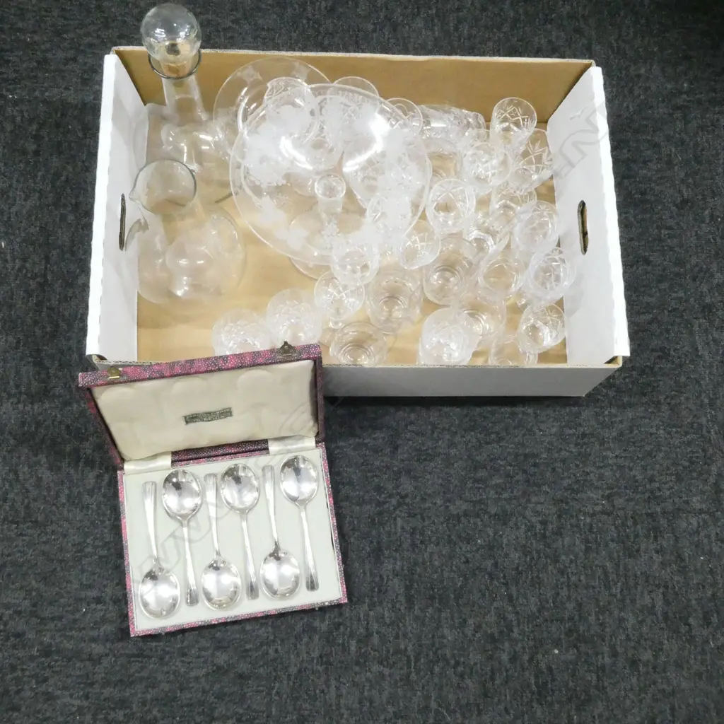 COLLECTION VINTAGE CUT CRYSTAL; SHERRY/WHISKEY GLASSES, PR DECANTERS w ICE WELLS, COMPORT & BONBON DISH & SET S/P SPOONS Image 1++