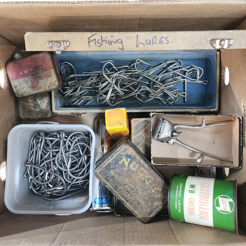 ASST. FISHING ITEMS. big game hooks, vintage tins, etc. Image 1++