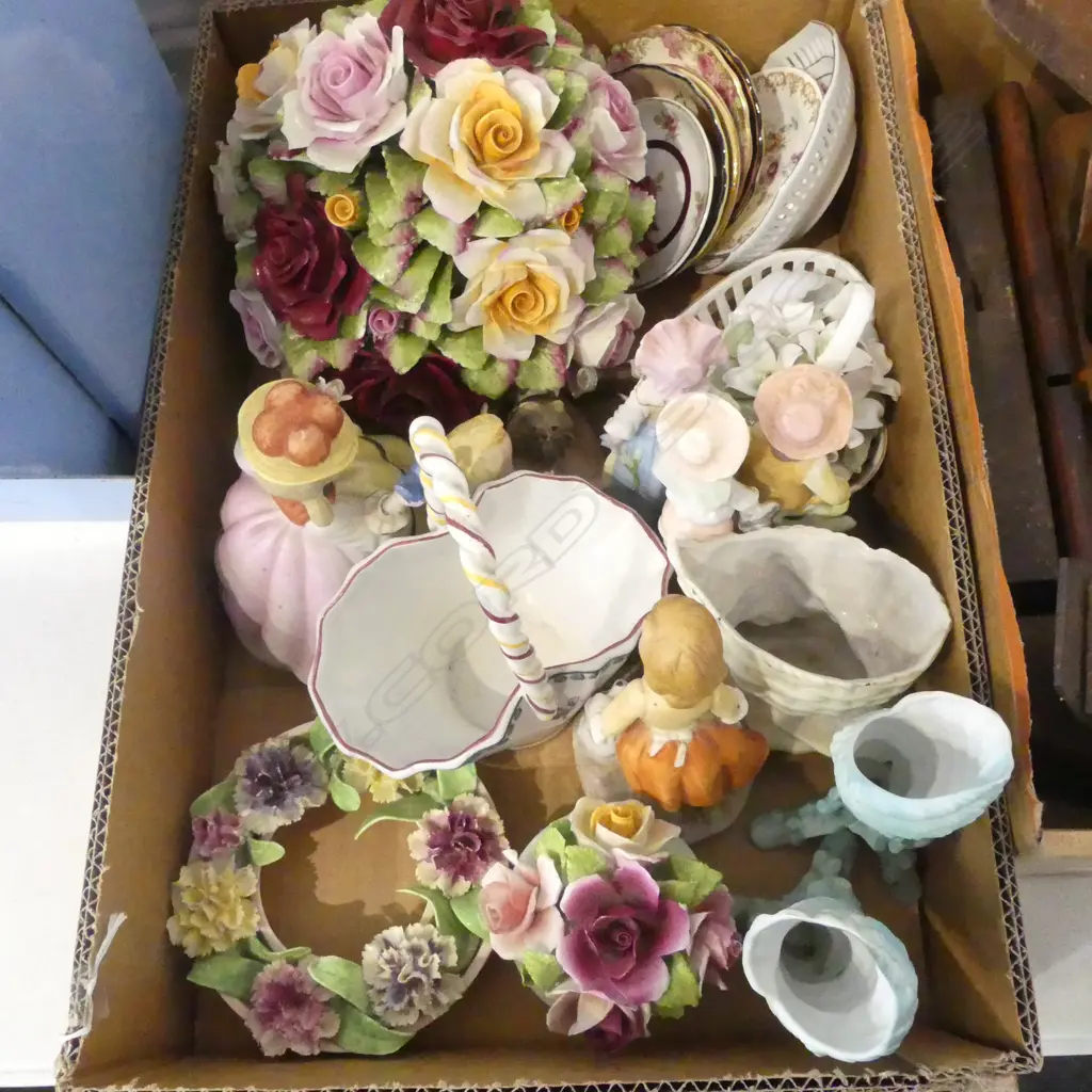 BOX OF FLORAL CHINA SMALL FIGURINES DISHES ETC Image 1++