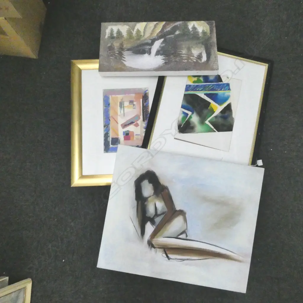 4 PTGS; 2 K FORBES 'GEOMETRIC' PASTEL & W/C, 280 x 200 & 2 ACRYLICS, NUDE 500 x 600mm & WATERFALL Image 1++