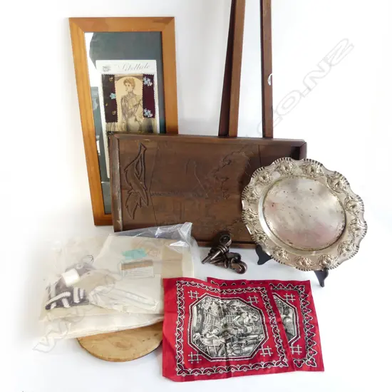 BOX ARTISTS EASEL, VINTAGE CLOTHING PATTERN, CARVED TRAY & OLD FASHION PRINT