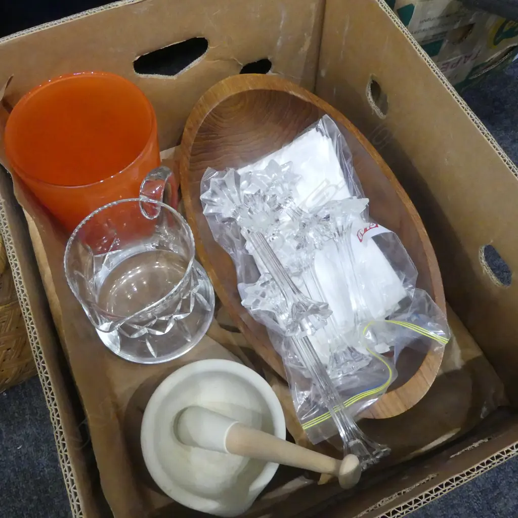 ASST. KITCHENALIA; 3 PRS GRADUATED CLASS CANDLESTICKS, JUG, HAND CRAFTED MORTAR AND PESTLE, etc Image 1++
