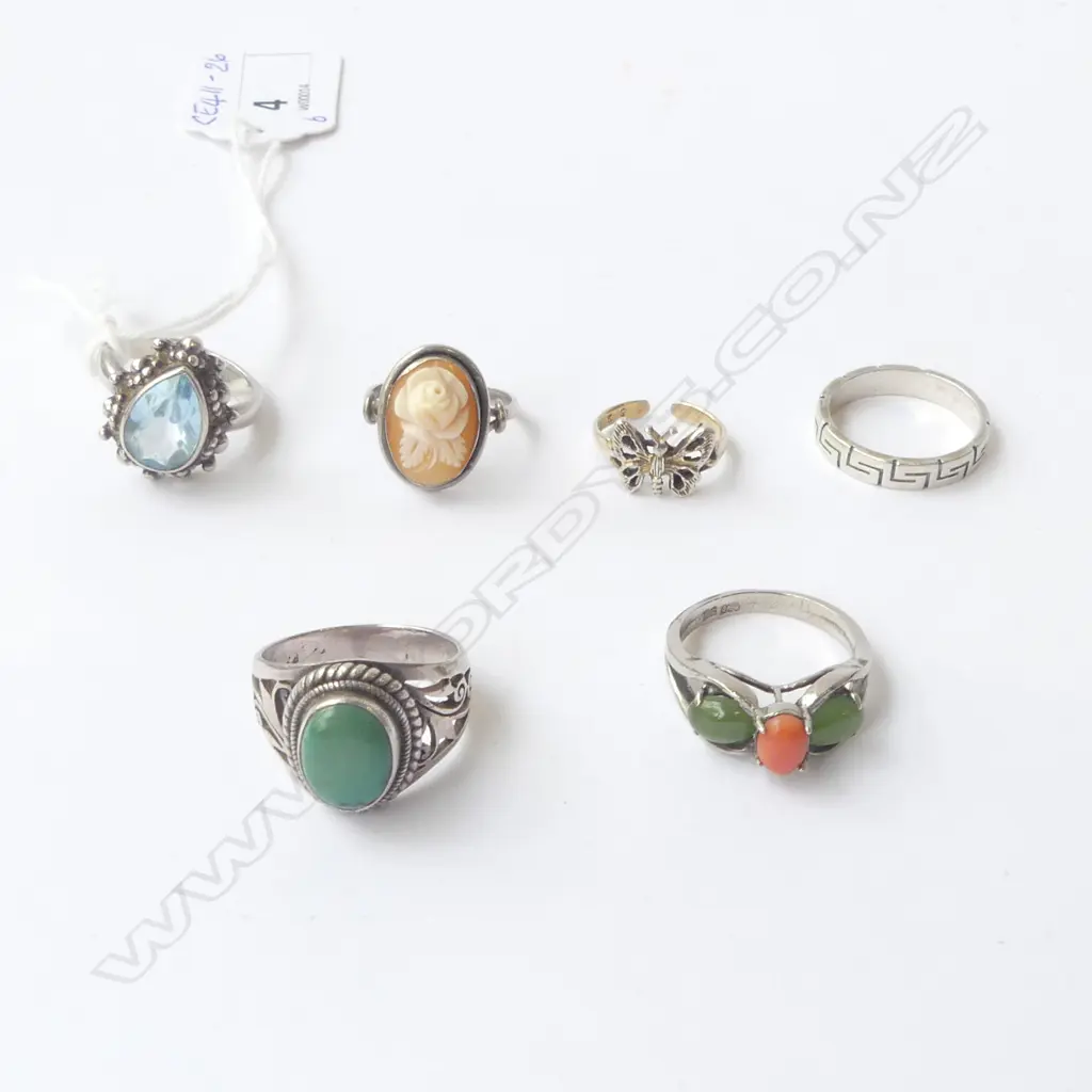 6 SILVER RINGS; ASST STONES Image 1++