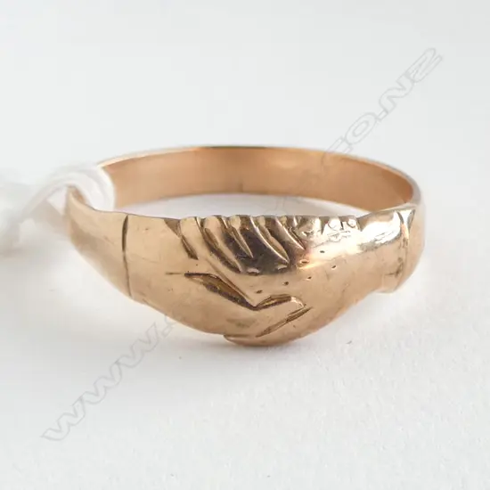 9ct ROSE GOLD CLASPED HANDS RING lge size 4.18gms SIZE X