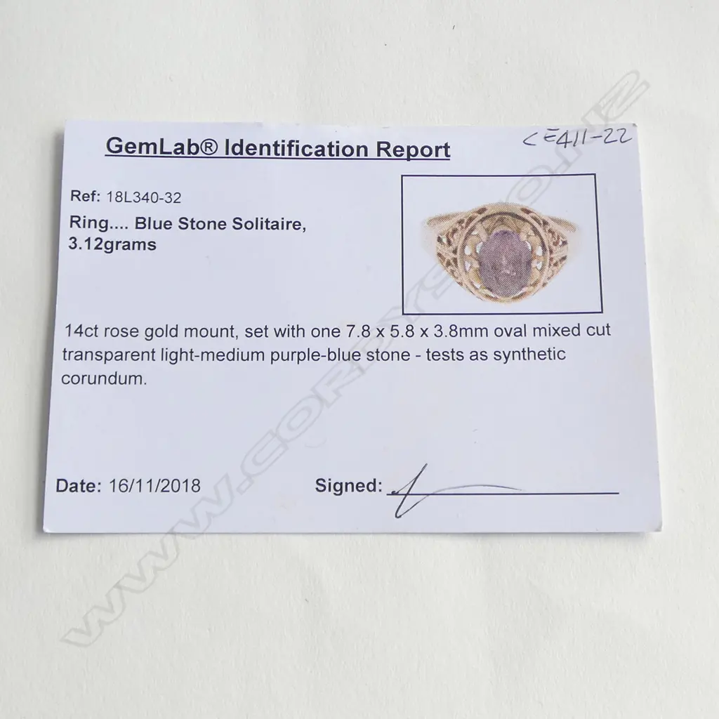 14ct ROSE GOLD RING w CENTRAL PURPLE STONE (synthetic corundum), 3.11gm SIZE M1/2 Image 1++