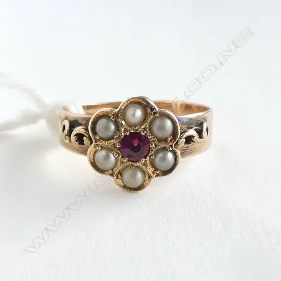 9ct VICTORIAN RUBY CHIPPED & SEED PEARL RING FIVE FAUX, 1.82gm (note sml size I