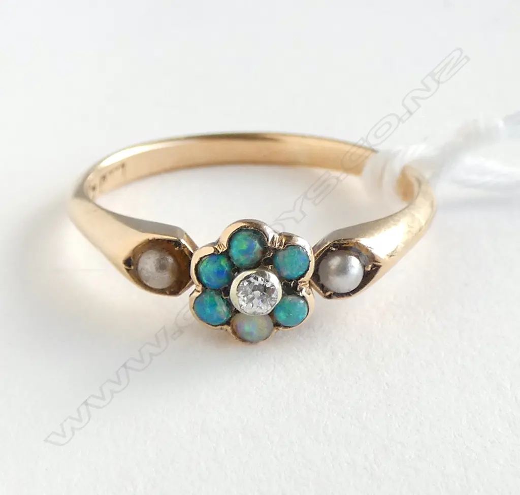 12ct  DIAMOND, OPAL & FAUX SEED PEARL RING, 2.69gm SIZE Q Image 1++