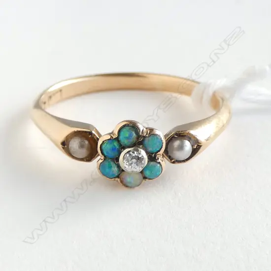 12ct  DIAMOND, OPAL & FAUX SEED PEARL RING, 2.69gm SIZE Q