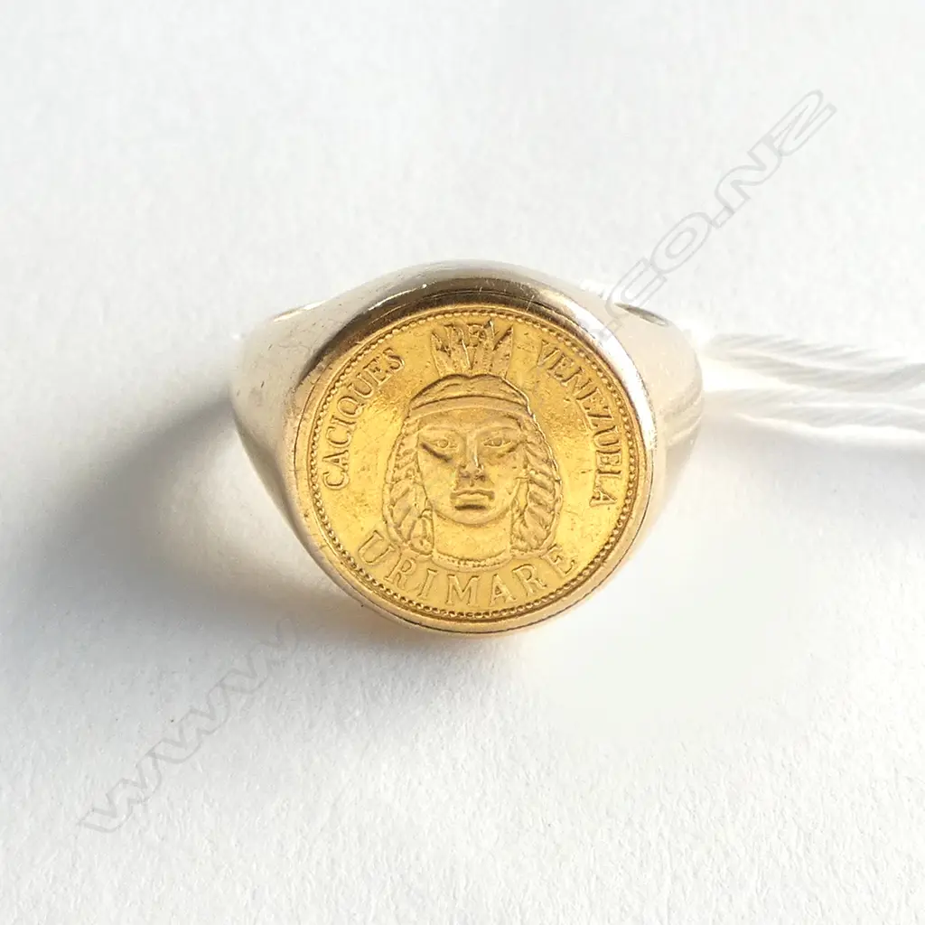 22ct URIMARE VENEZUELAN CACIQUES TYPE COIN set in 18ct MOUNT, 9.11gm size N Image 1++
