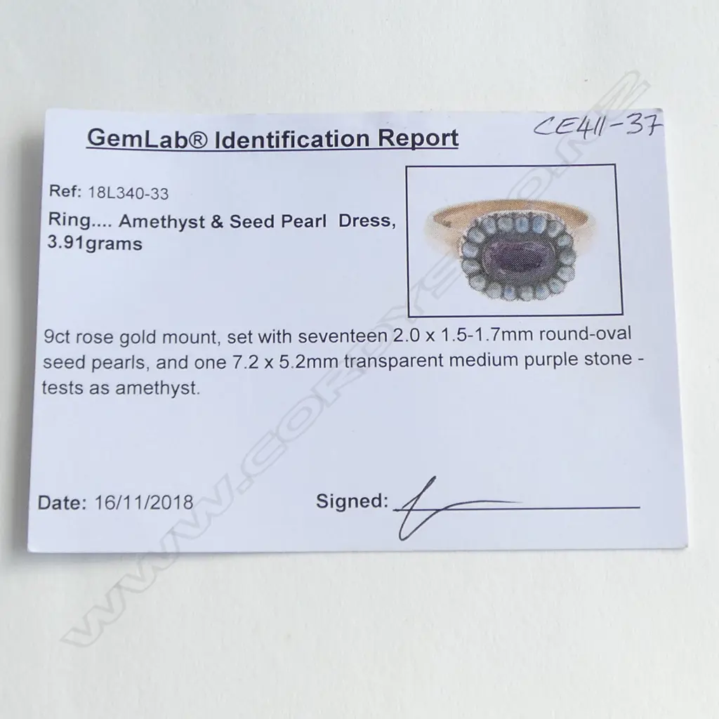 9ct ROSE GOLD AMETHYST & SEED PEARL RING, 3.91gm SIZE L1/2 Image 1++