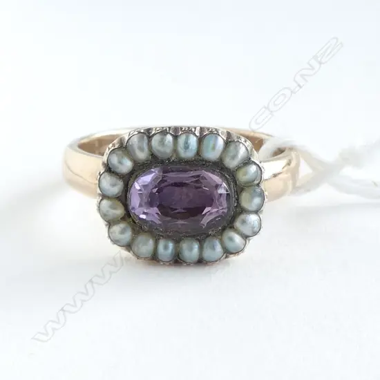 9ct ROSE GOLD AMETHYST & SEED PEARL RING, 3.91gm SIZE L1/2
