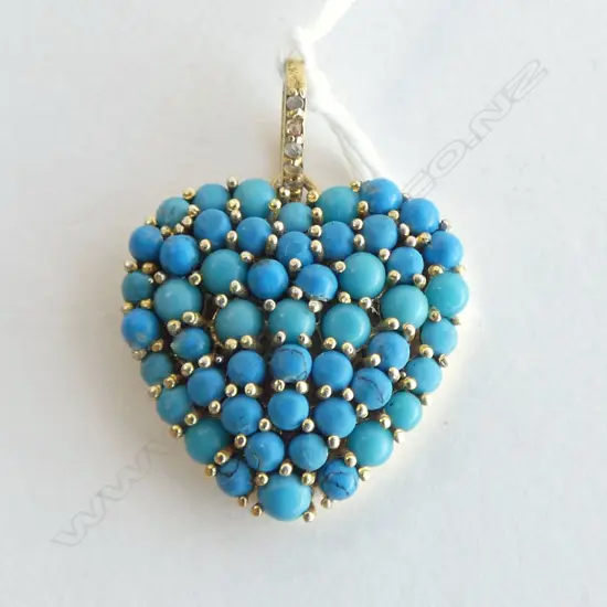 TURQUOSE & GOLD PLATE HEART PENDANT (small rose cut diamonds in bail)