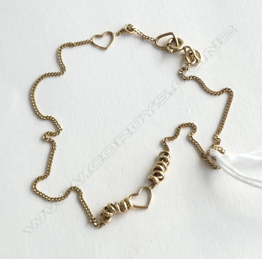 9ct GOLD ANKLET w HEARTS, L.250mm,1.58gm Image 1++
