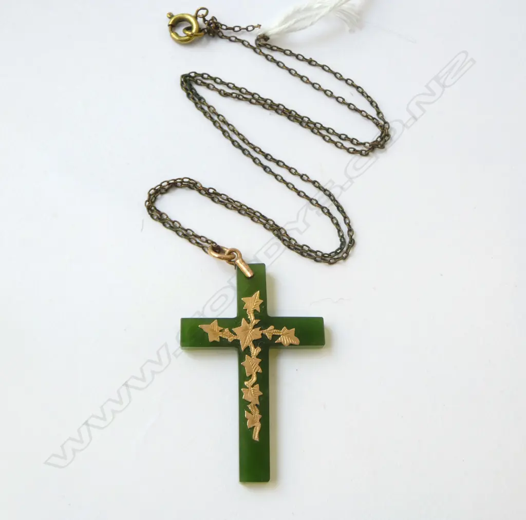 GOLD & GREENSTONE CROSS PENDANT H.45mm Image 1++