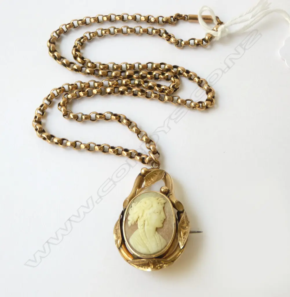 EDW 9ct GOLD framed CAMEO BROOCH (with lead solder to back) ON 9ct GOLD CHAIN 14.9gms 49CM LONG Image 1++
