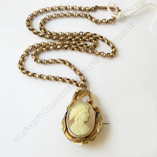 EDW 9ct GOLD framed CAMEO BROOCH (with lead solder to back) ON 9ct GOLD CHAIN 14.9gms 49CM LONG