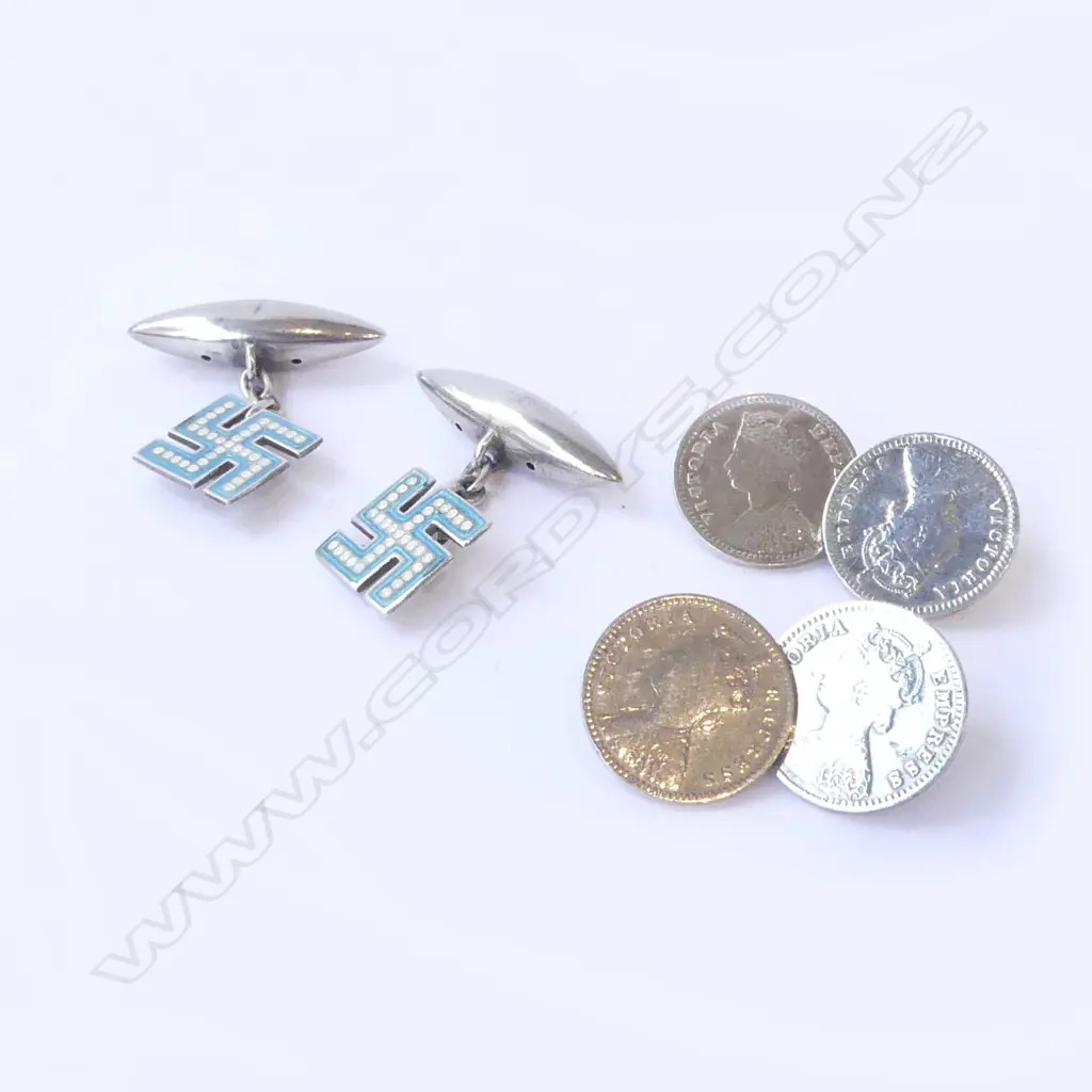 2 PRS CUFFLINKS; 1880 INDIAN SILVER VICTORIA COINS &  BIRM. 1910 w INDIAN SYMBOL of PROSPERITY Image 1++