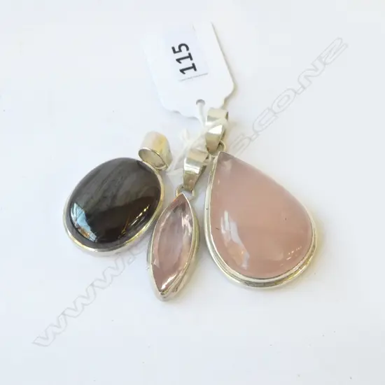 THREE LRG SILVER & QUARTZ PENDANTS