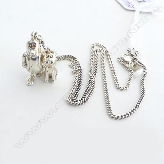 SILVER VINTAGE TVNZ GOODNIGHT KIWI & THE CAT PENDANT on SILVER CHAIN 