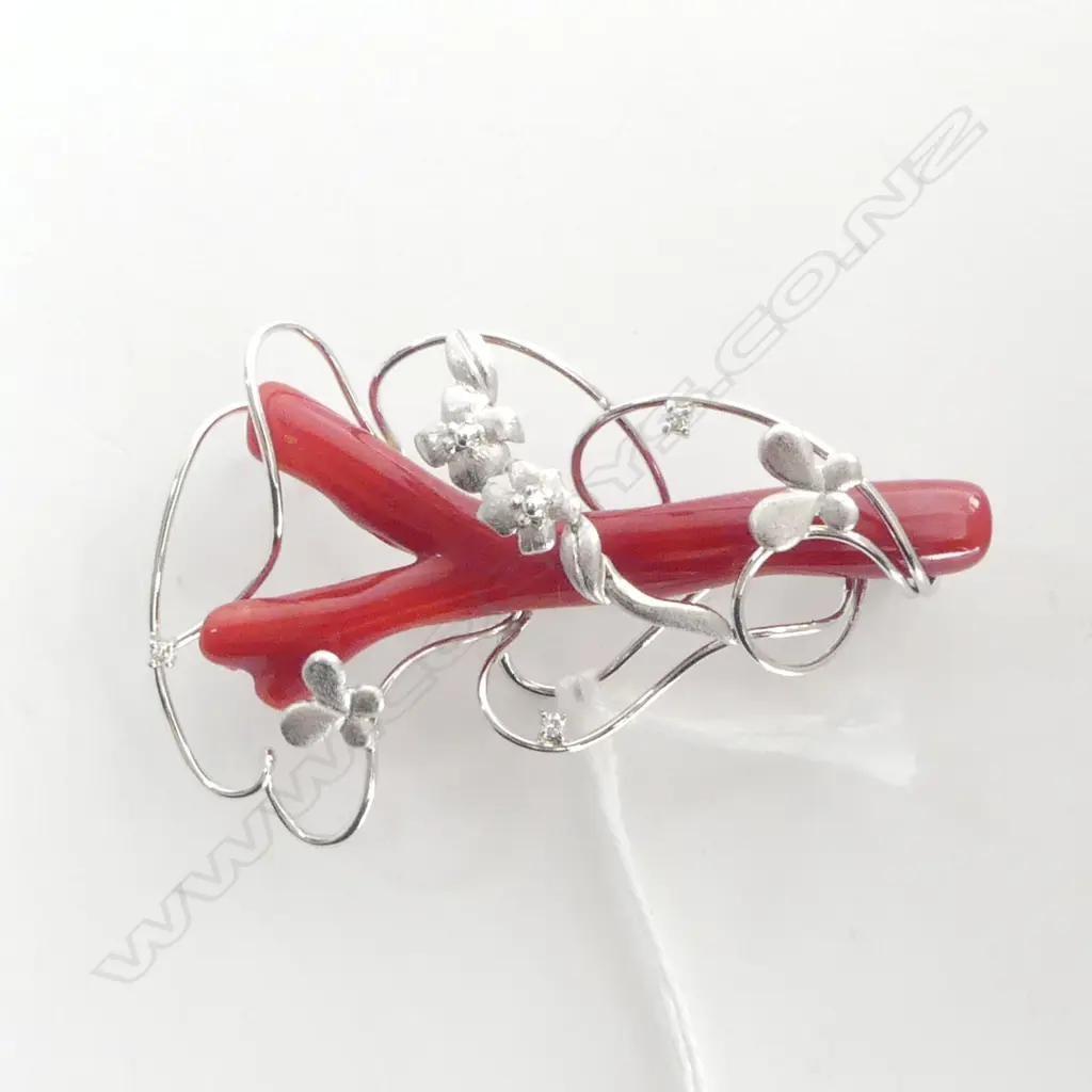 White gold & 3 diamond & red branch coral brooch, marked as 18ct but testing as 12ct  13.9gms Image 1++