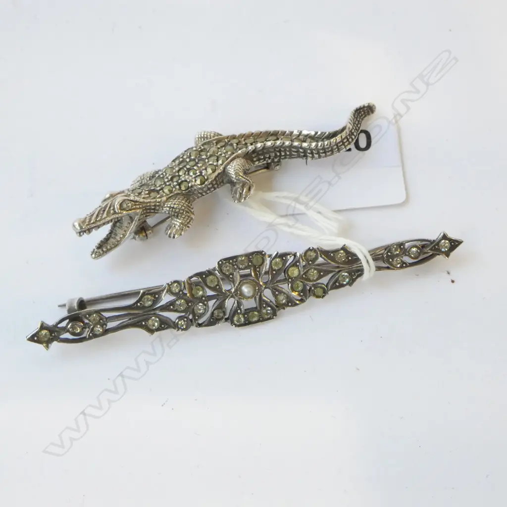 2 BROOCHES; SILVER MARCASITE CROCODILE & SILVER PASTE & SEED PEARL Image 1++