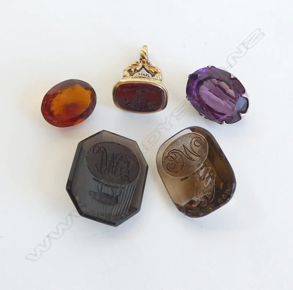 Antique GOLD PLATED FOB + 3 LOOSE STONES + AMETHYST BROOCH Image 1++