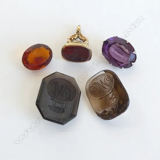 Antique GOLD PLATED FOB + 3 LOOSE STONES + AMETHYST BROOCH