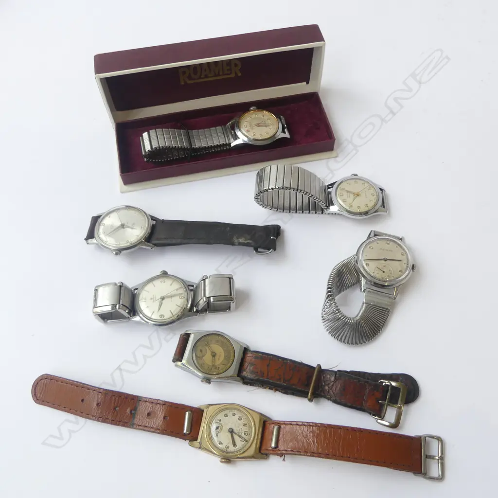 BOXED ROAMER 1940'S GENT'S WRISTWATCH running + 6 OTHER GENT'S WRISTWATCHES some running Image 1++