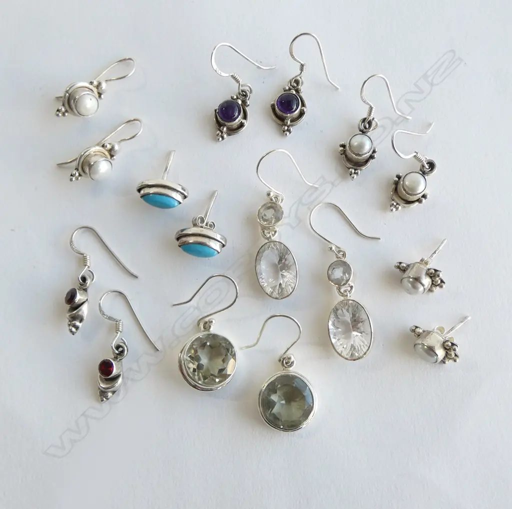8 PRS SILVER & SEMI PRECIOUS GEMSTONE EARRINGS Image 1++