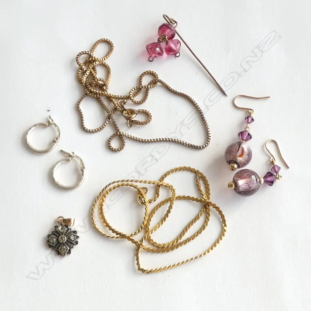 2 PRS EARRINGS; SML SILVER HOOPS, DROP GLASS w GOLD HOOKS & MARCASITE PENDANT (1 stone missing) etc Image 1++