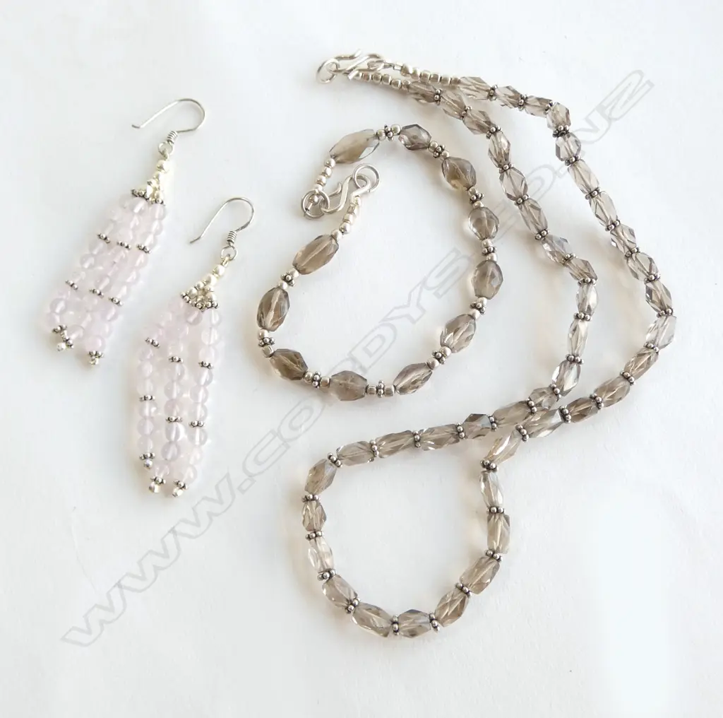 SILVER & QUARTZ SET; NECKLACE, BRACELET & EARRINGS Image 1++