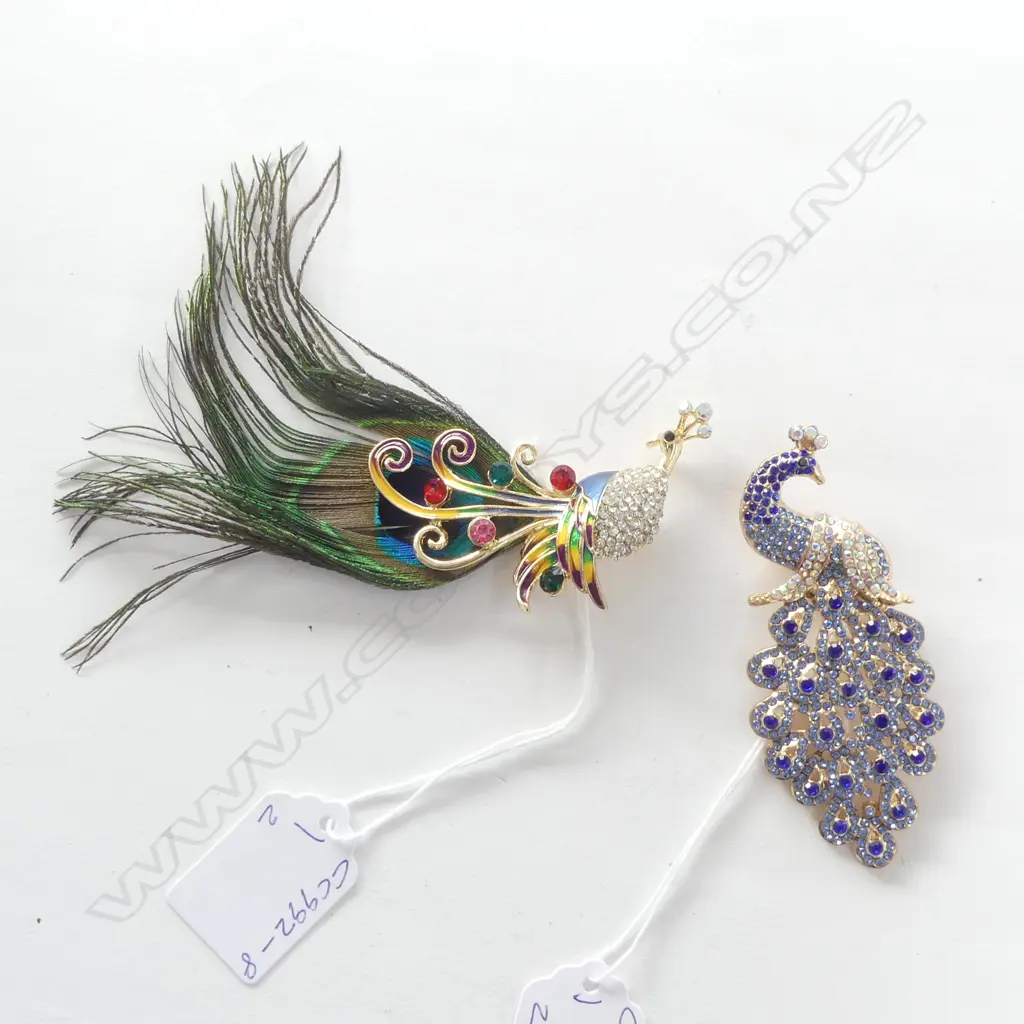 TWO LG COSTUME PEACOCK BROOCHES, ONE w PEACOCK FEATHER H.100 & OTHER 85mm, NEW Image 1++