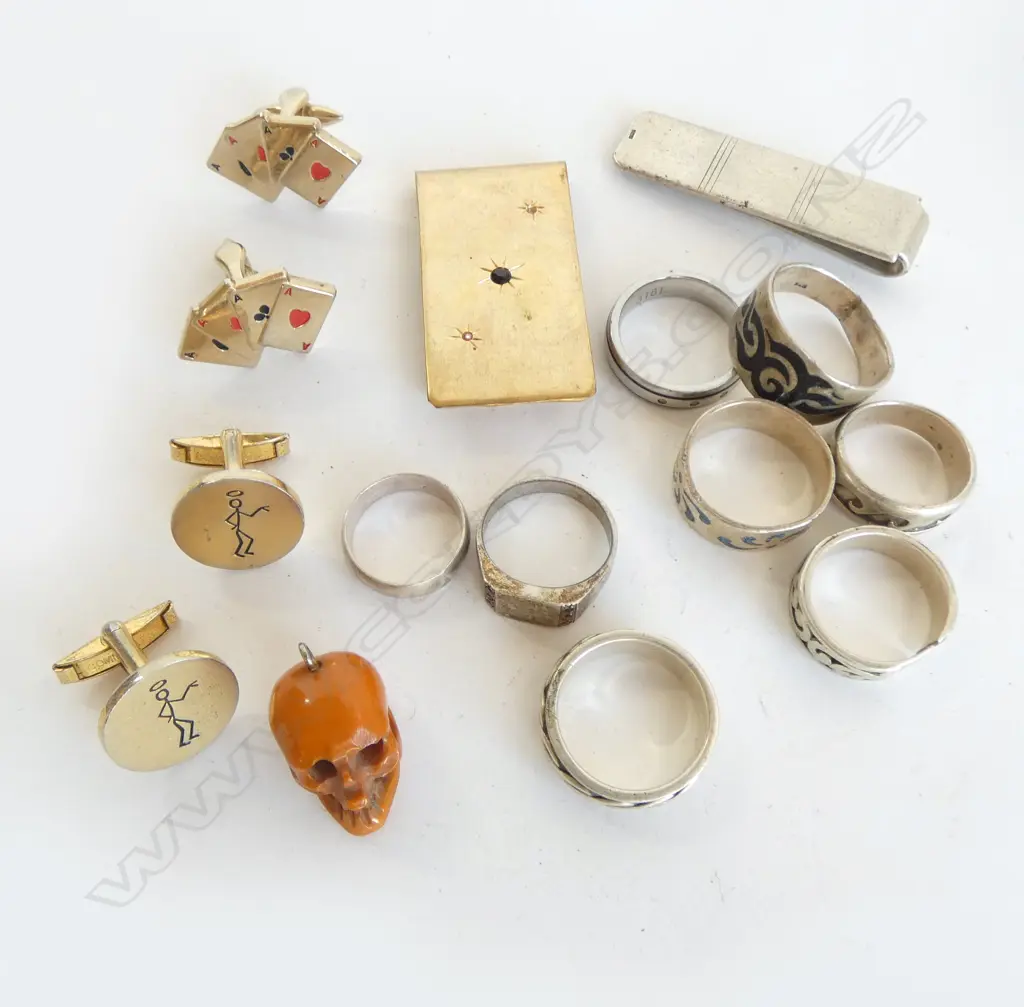 SILVER & OTHER JEWELLERY: RINGS + CUFFLINKS + 2 MONEY SLIDES (1 gold plate) + BAKELITE SKULL  Image 1++