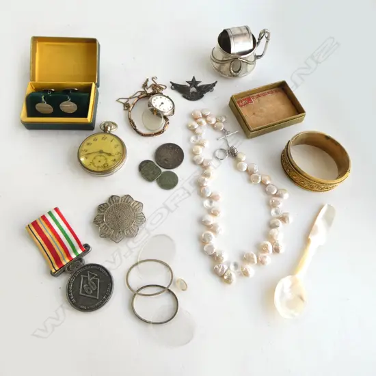 BAG ASST JEWELLERY + SILVER + SILVER GILT ? BANGLE + WATCHES ETC 