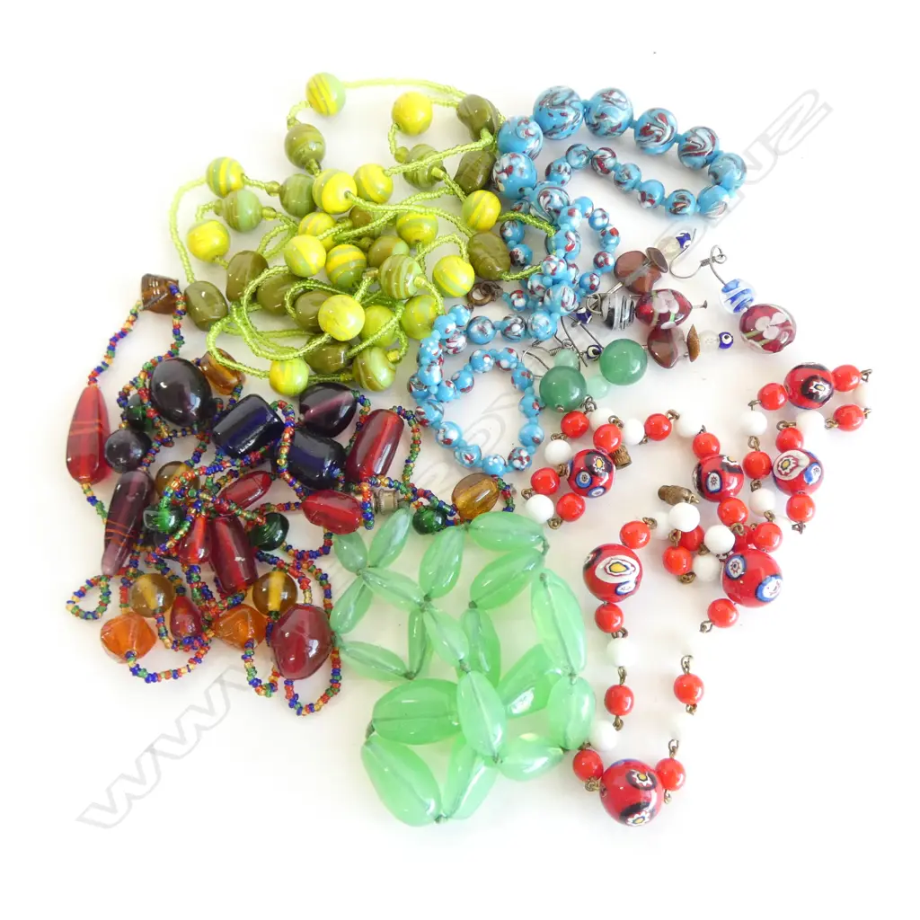 GLASS JEWELLERY; 5 NECKLACES + 3 PRS EARRINGS Image 1++