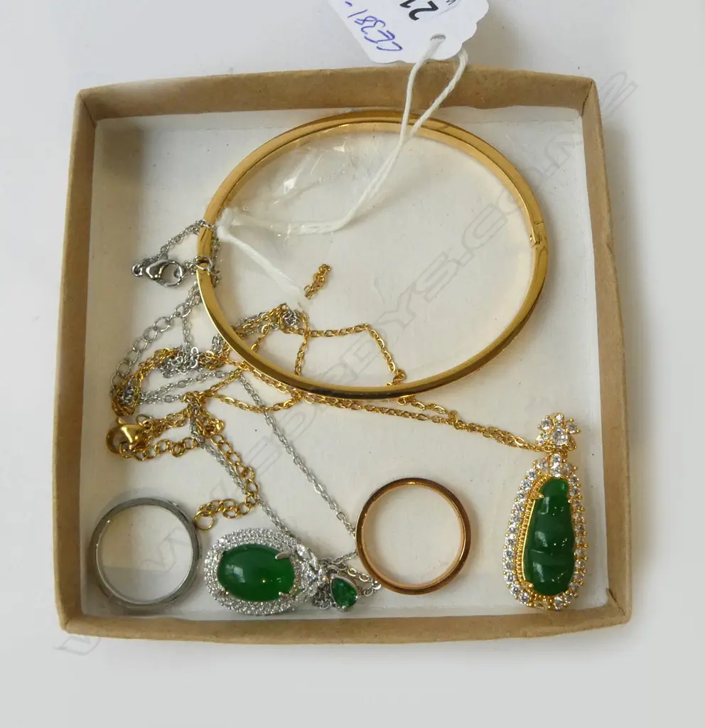 ASST. COSTUME JEWELLERY; 2 NECKLACES, HINGED BANGLE & 2 RINGS Image 1++